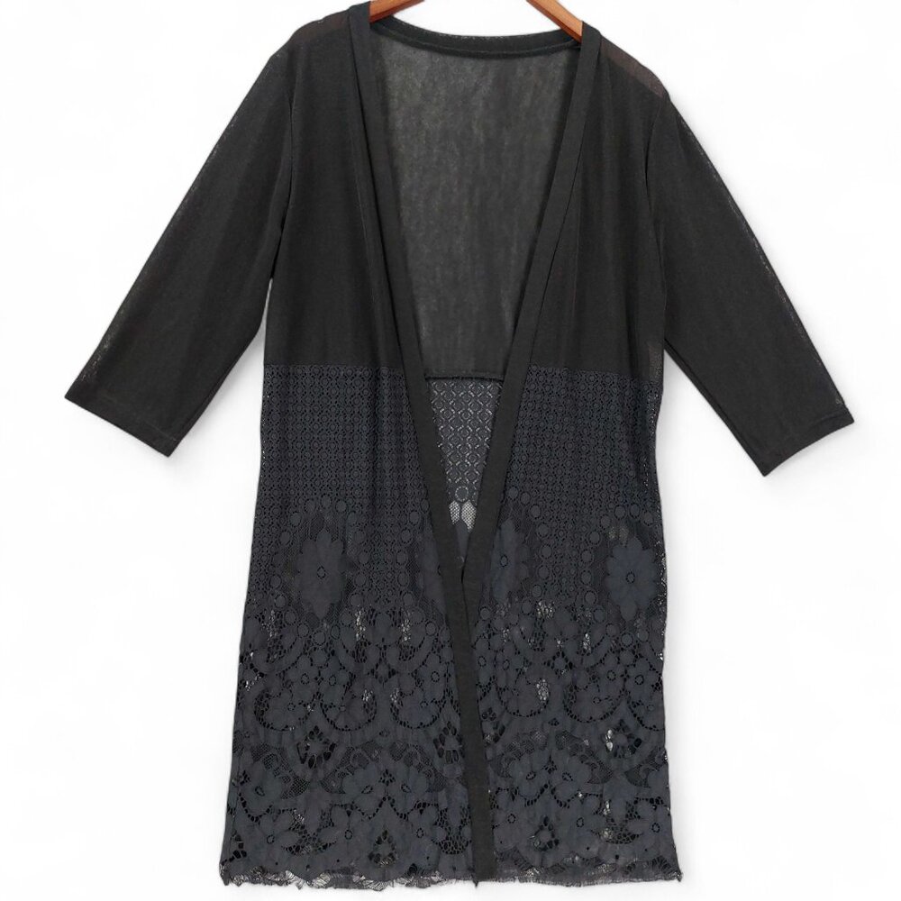 Black Lace Open Front Cardigan Sz M Sheer Floral Crochet Duster Cover Up Romanti